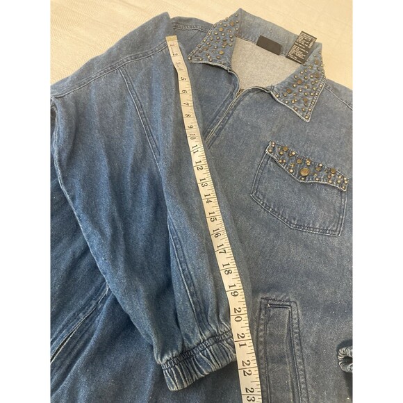 Vtg Y2K Denim Studded Jacket Rhinestones Blue Jean 1X Pockets OUT BROOK - Picture 9 of 11